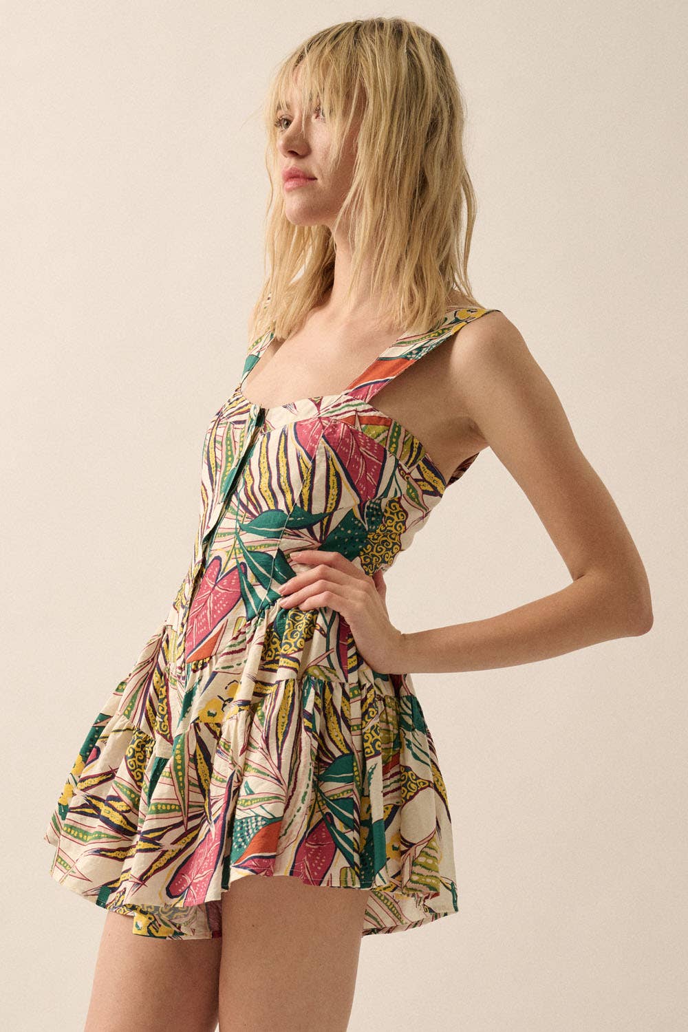 Robyn - Tropical Sweetheart Corset-Bodice Romper by Promesa
