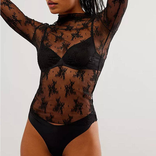 Lux Layering Floral Lace See Through Mesh Top Blouse