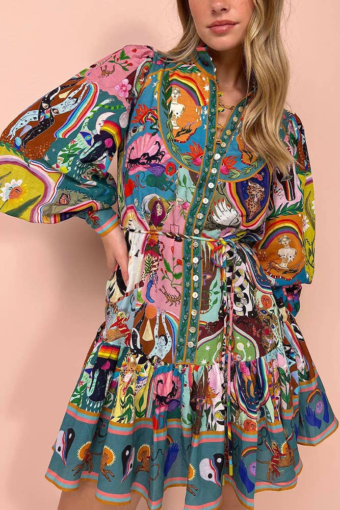 Stevie - Printed Button Ruffles Dress