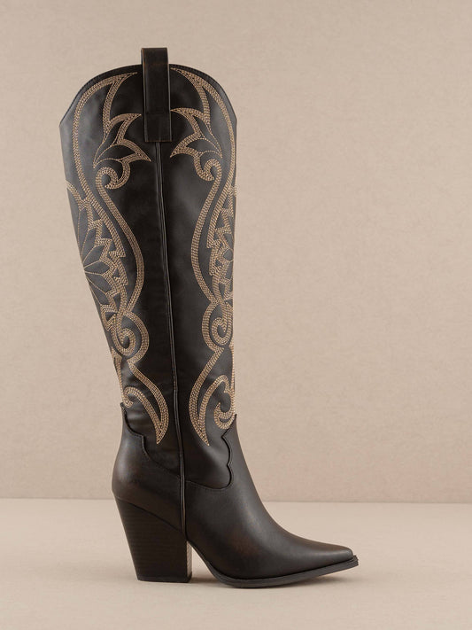 Oasis Society The Astrid Brown | Knee High Embroidered Cowboy Boot