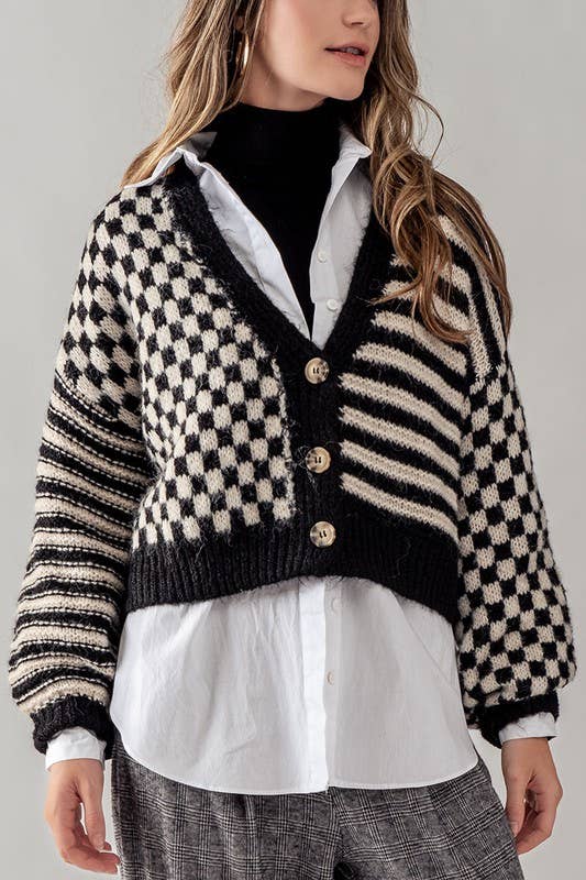 Elliot Blu Pepper Checkered and Striped Boxy Fit Cardigan